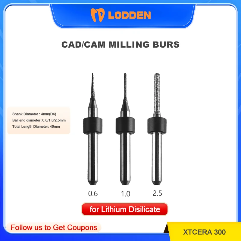 

LODDEN Dental Lab Grinding Lithium Disilicate CAD CAM Milling Burs for Xtcera 300 0.6/1.0/2.5mm Glass-ceramic Precision Tools