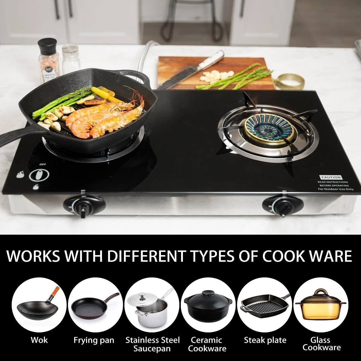 

Double Burner Stove w/Auto Ignition LPG Tempered Glass Outdoor Propane Portable Camping Cooktop Range 2-Burner Gas Burner