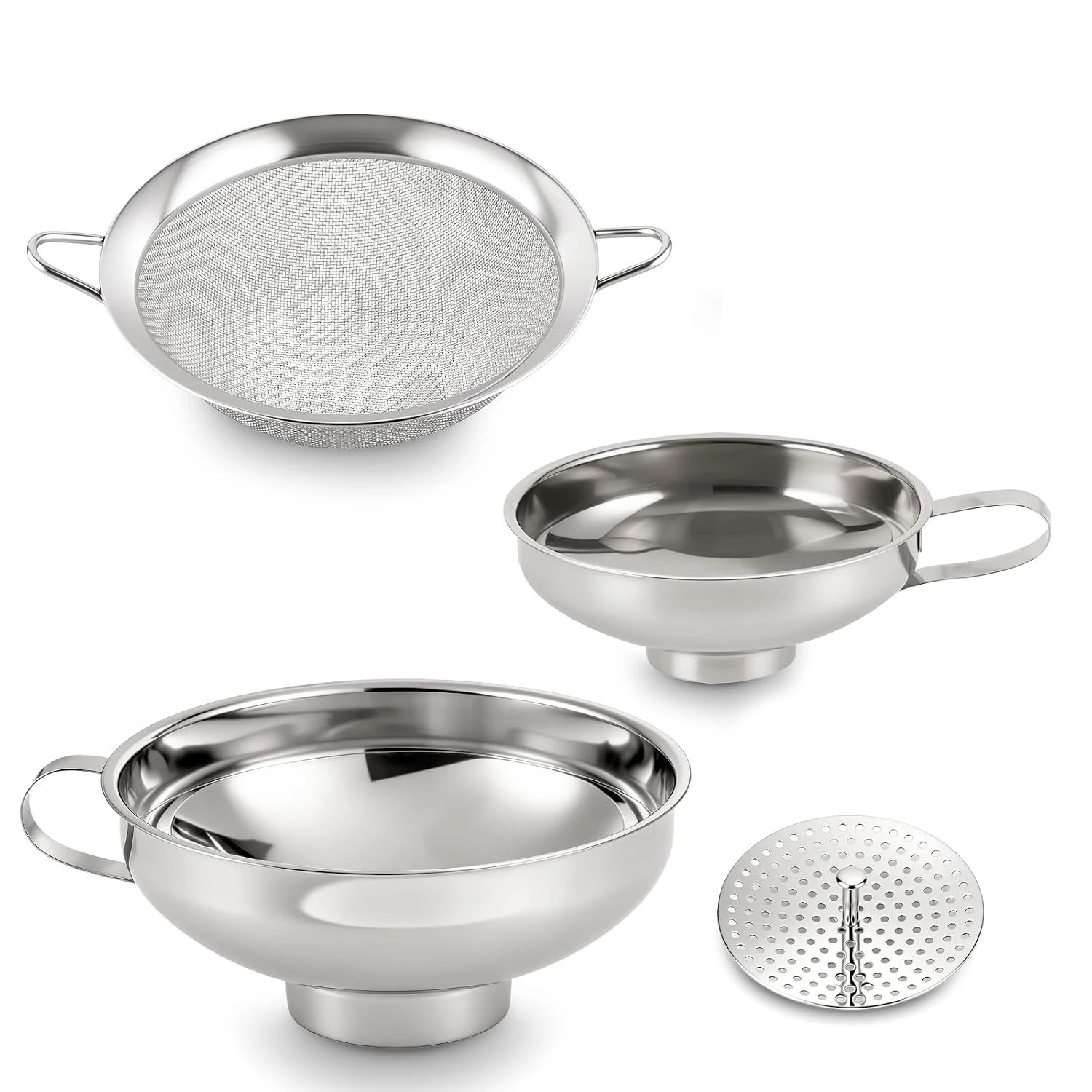 4-in-1 Canning Funnel Set, Stainless Steel Wide Mouth & Regular Funnels With Extended Stable Spout, Umbrella Strainer & Mesh Fil