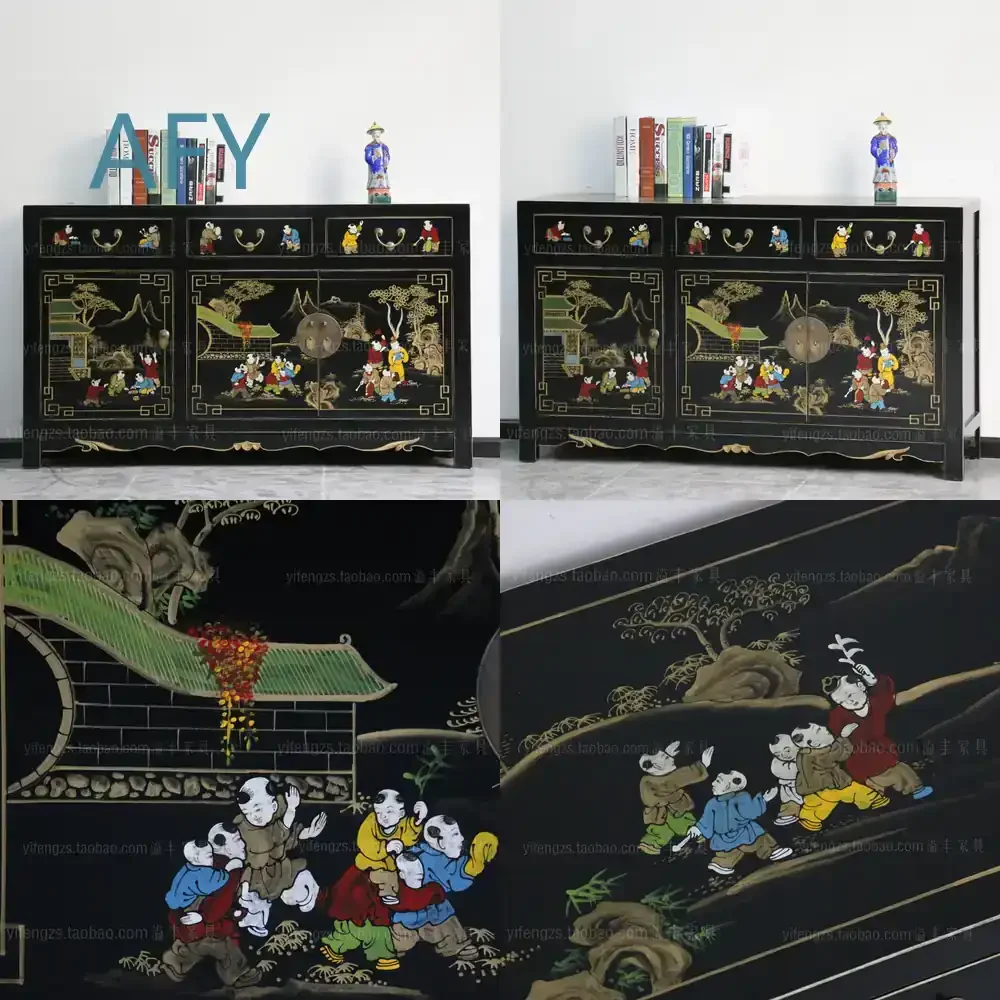 Solid Wood Entry Cabinet for Modern New Chinese Style Hand-painted Storage Shoe Cabinet and Living Room Decorative Sideboard