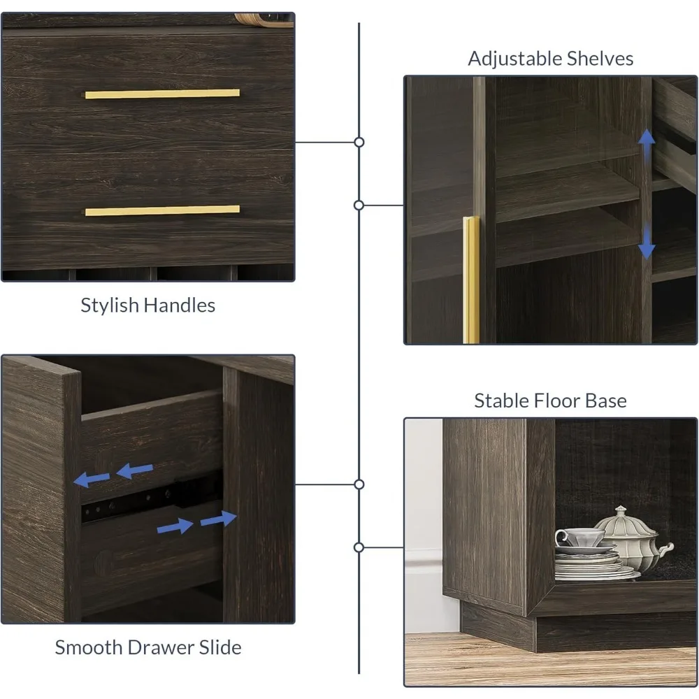 Wine Cabinet 55",Sideboard with Wine Rack and Glass Holder, Home Coffee Bar Freestanding Liquor Cabinet with Display Glass Doors