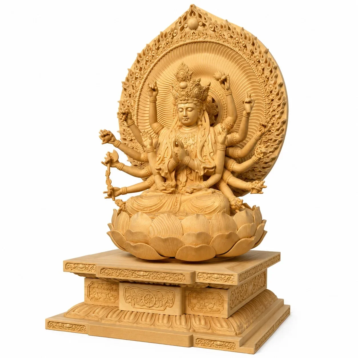 Large Fine Hand Carved Hinoki Wood Cundi Bodhisattva Statue for Traditional Chinese Buddhist Temple Living Room Home Decor