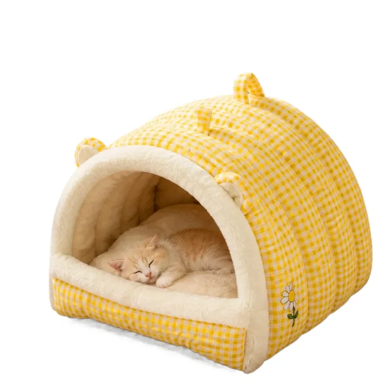 Winter Yellow Cartoon 3D Bear Ear Closed Portable Cat Nest Windproof Warm Kennel Dog Bed Portable Pet House