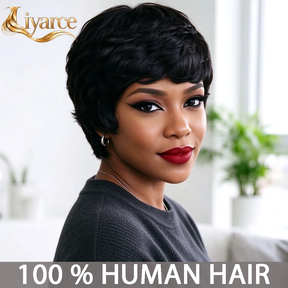 Liyarce Pixie Cut Wigs Human Hair Curly Human Hair Wigs Black Brazilian Remy Short Human Hair Wigs Pixie Cut Machine Made For Women
