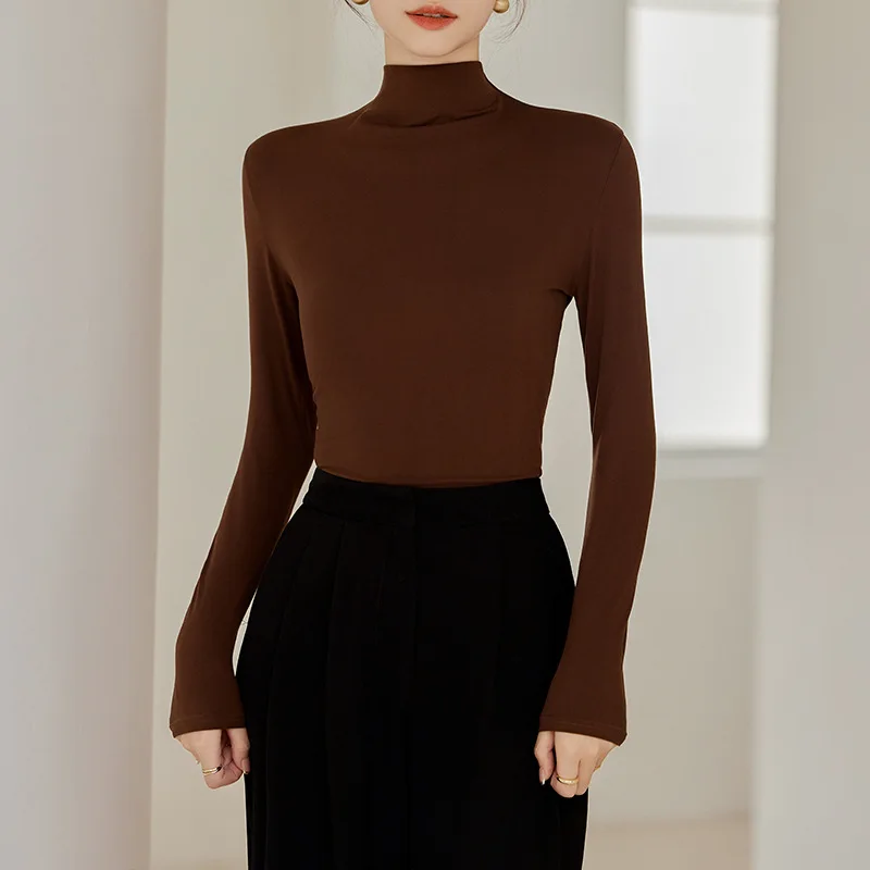 Half High Collar Base Shirt Women Long Sleeved T-shirt Spring and Autumn Slim Fit Inner Layer Autumn Clothes Mid Neck Black Top