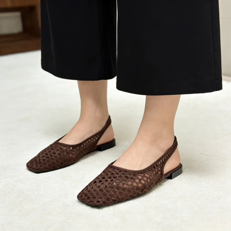 

Summer New Cutout Mesh Flat Sandals for Women Fashion Woven Square-toe Slingback Flats Comfortable Light Non-slip Beach Sandals