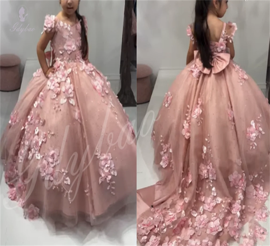 

Платье с цветочным узором для девочек, розовое кружево с 3D аппликацией и бантом, дизайн с открытой спиной, детское вечернее платье для первого причастия