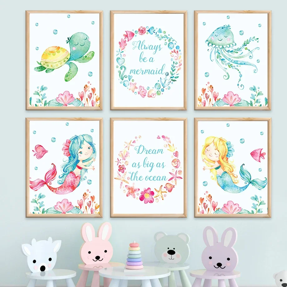 الشمال الملصقات السلاحف قنديل البحر حورية البحر الأميرة حلم الرسم على لوحات القماش الجدارية والمطبوعات جدار صور الاطفال Kawaii غرفة ديكور