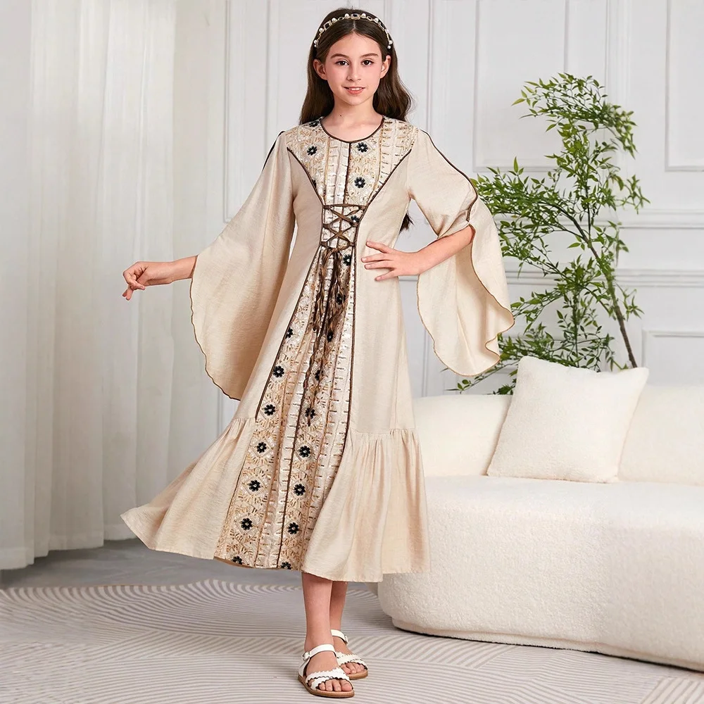 دبي المغرب أطفال مسلم بنات التطريز فستان ماكسي رداء رمضان الدانتيل يصل ملابس الأطفال الإسلامية عباية عربية تركيا حفلة جديدة