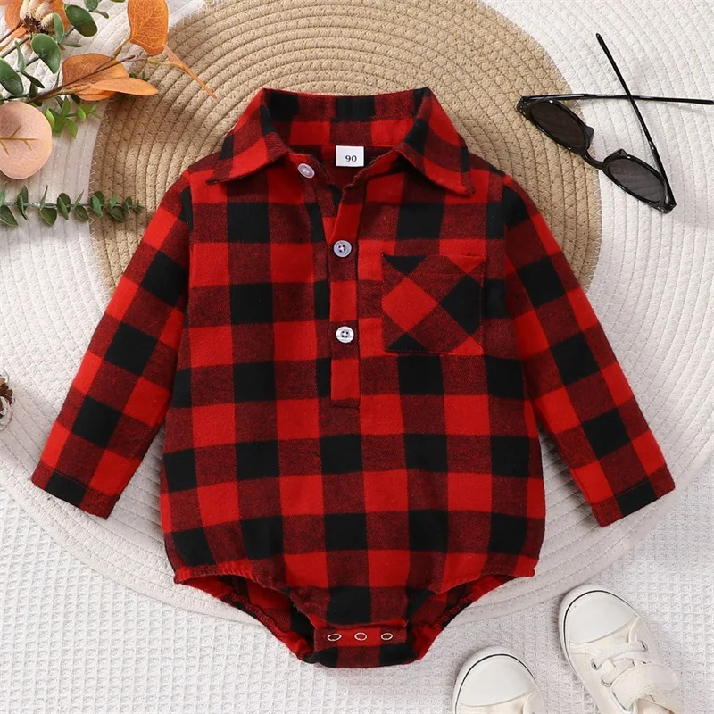 Baby Boy Shirt Romper Casual Plaid Print Buttons Long Sleeve Jumpsuit for Infant Toddler Fall Outfit