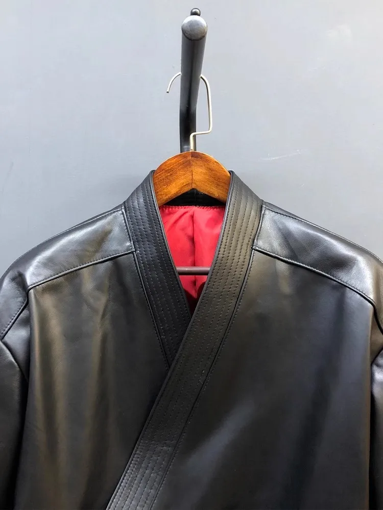 Vintage Designer Women Lace Up V Neck Sheepskin Genuine Leather Jacket Short Style Adjustable Waist Loose Fit Coat Retro Jacket