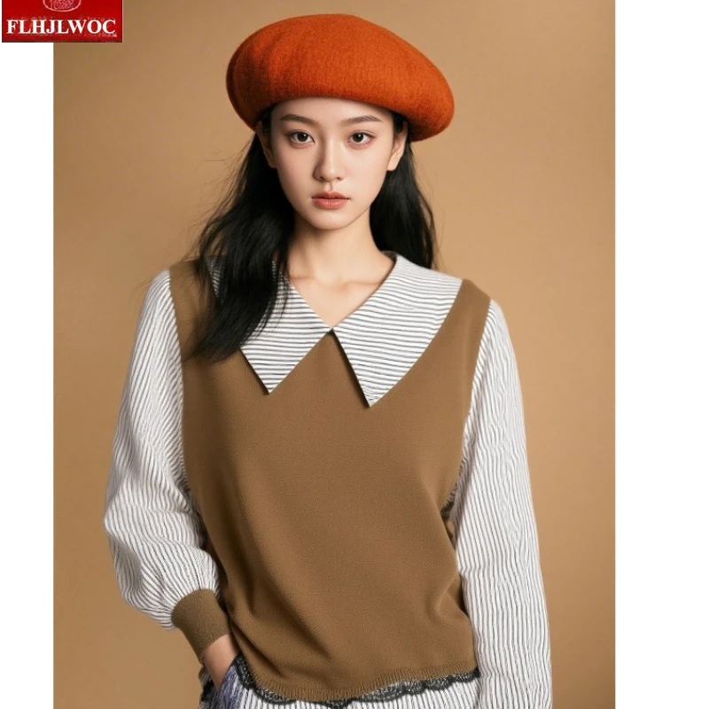 

Искусственные топы из 2 предметов в стиле пэчворк, черные кружевные рубашки в полоску с оборками, зимние женские рубашки в японском стиле Пеппи для девочек, милые пуловеры с баской, свитера