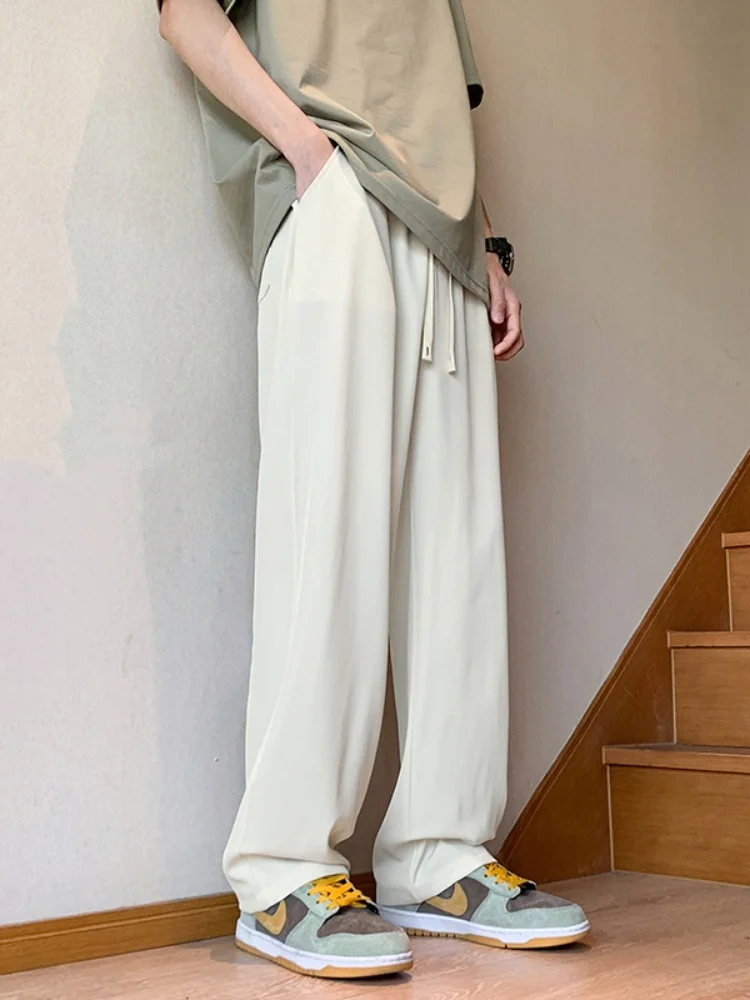 

Ice Silk Men's Summer Casual Wide Leg Straight Tube Loose Suit Pants Cool Brand Haome Thin Pants Thin Faion Trousers