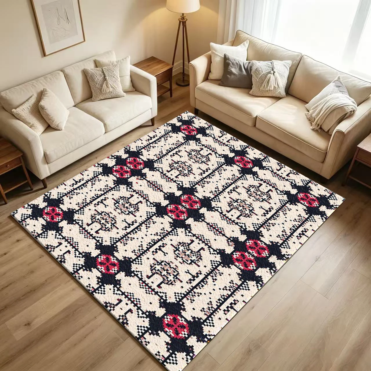 Ethnic Bohemian Pixel Carpet Flooring Retro Folk Geometric Ornament Symmetrical Repeat Art Pattern Printed Floor Rug for Household Indoor Boho Style Home Decoration
