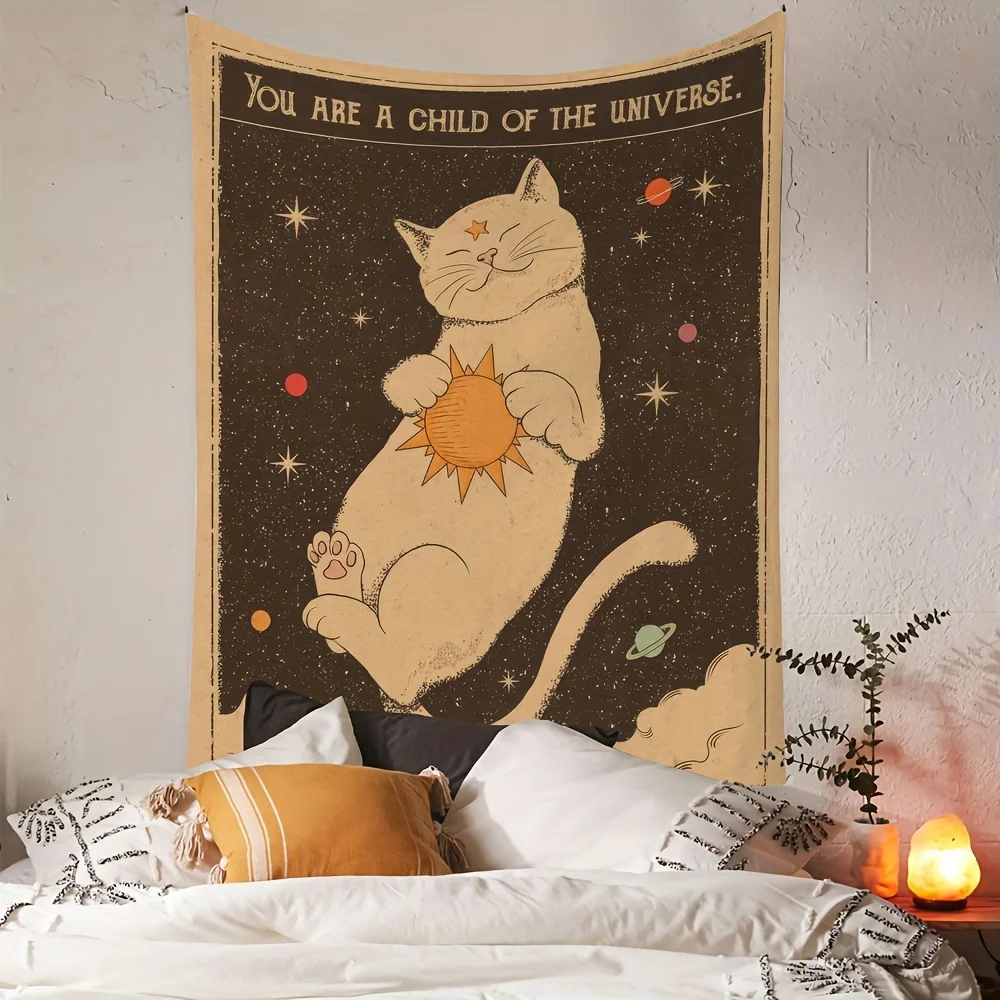 Cat Holding Sun Tapestry, Universe Quote Wall Hanging for Bedroom Dorm Decor, Boho Kawaii Pet Art Gift
