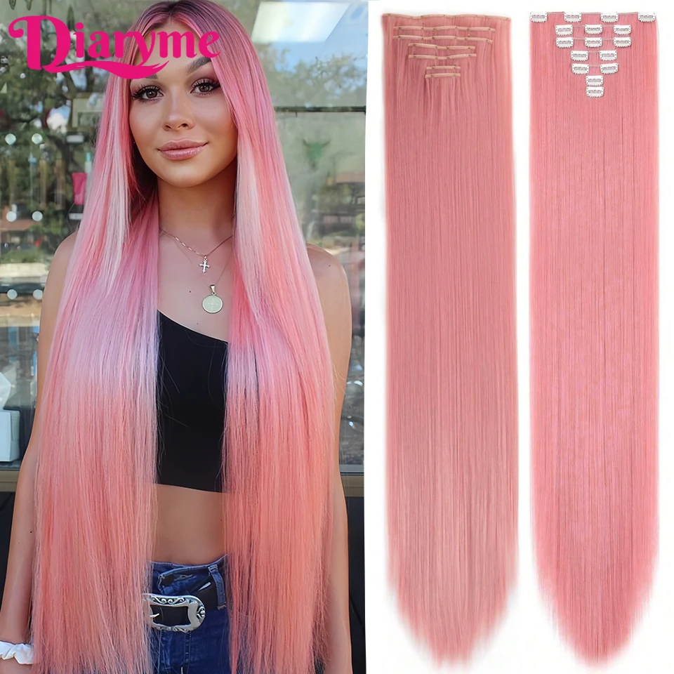 

Synthetic 7 Piece Clip-On 18-32inch Hair Extensions For Women Long Straight Pink Clip-in Hair Extensions Thick Clip-On Hair Exte