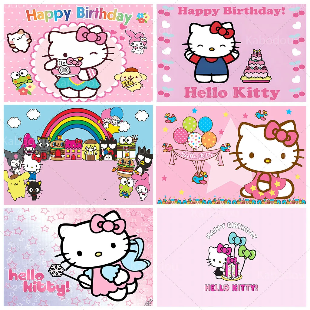 

Розовый фон Hello kitty для девочек, детский день рождения, Фотофон с мультяшным котом и тортом, реквизит для детского праздника