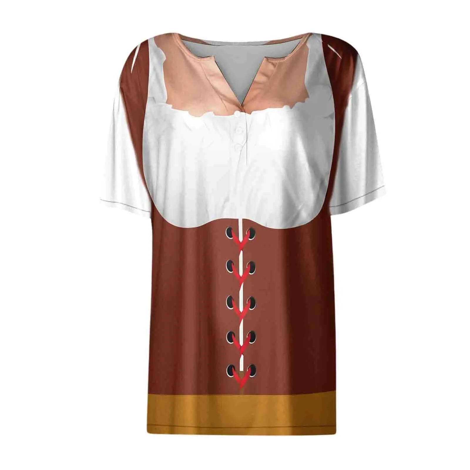 Oktoberfest Apron Patcheork Women T-Shirts Bavarian Beer Festival Short Sleeve Square Collar Casual Clothing Anime Graphic Tops