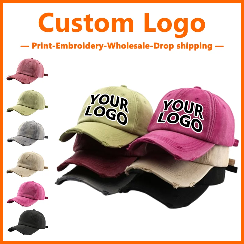 Custom Embroidery Washed Denim Solid Color for Men and Women Baseball Cap DIY Design Print Travel Sun Protection and Shading