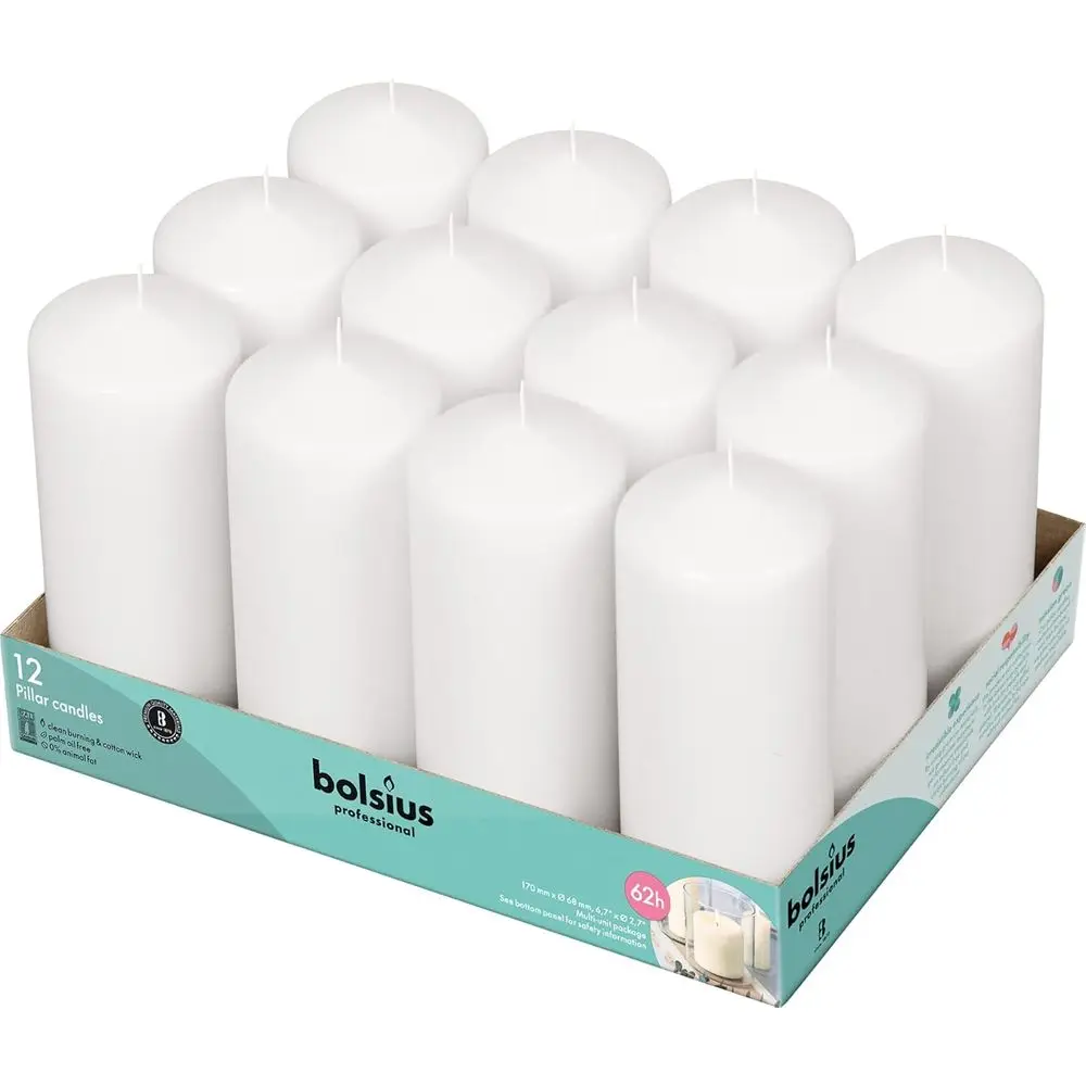 

Set of 12 White Pillar Candles - 2.7x6.7 Inches, 62-Hour Burn, Unscented & Clean-Burning Dinner Candles