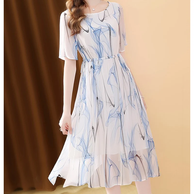 EVNISI Women Floral Printing Chiffon Dress Lace Up Slim Elegant Blue Office A-line Dresses Casual Party Lady Vestido 2024 Summer