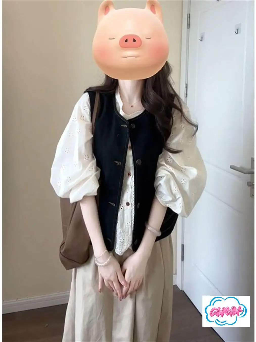 Japanese  Autumn Retro College Style Denim Vest Vest Embroidered Lace Edge Long-sleeved Shirt High Waist Elastic Skirt Student