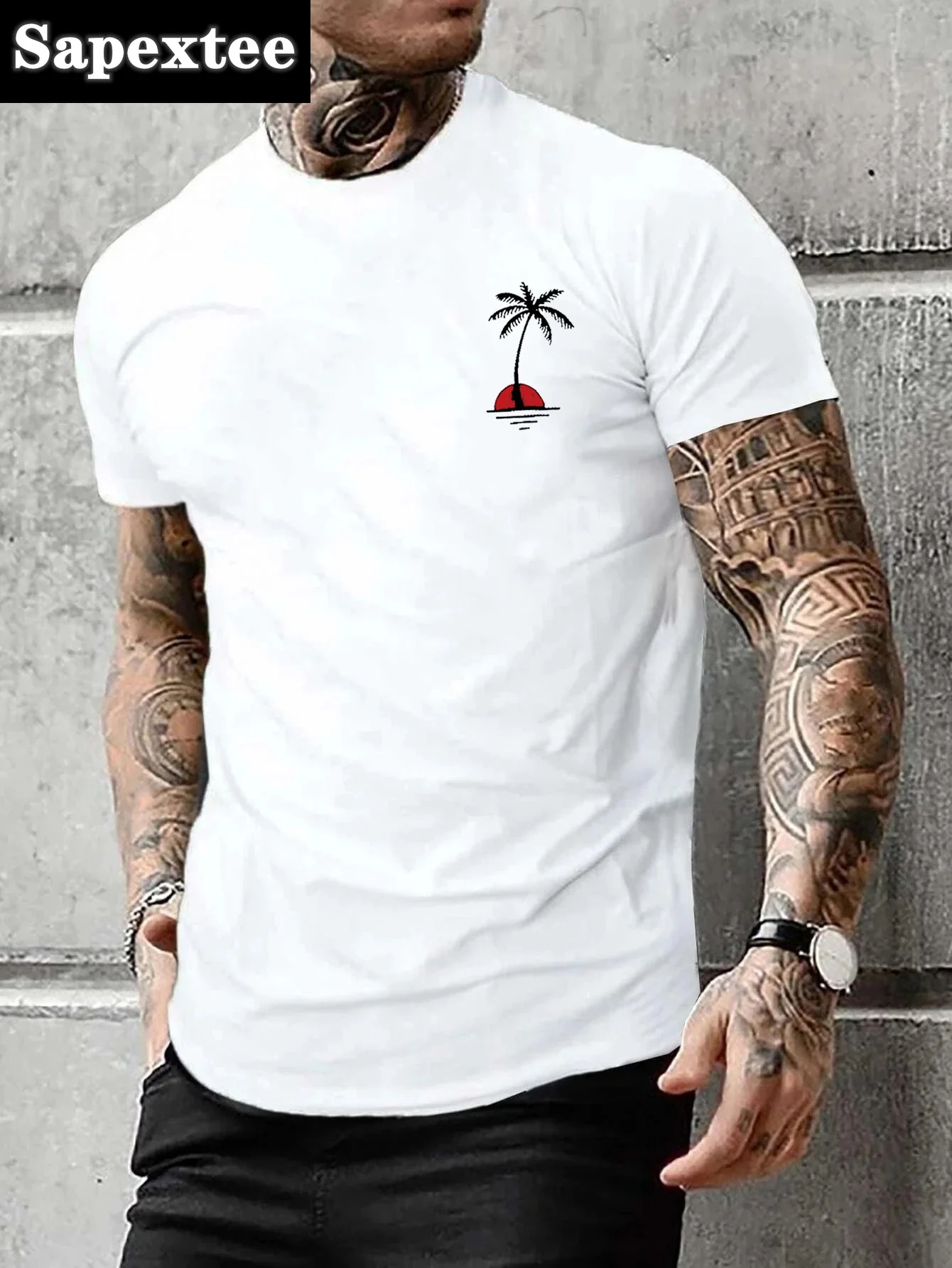 Herren Sommer Casual Lose Größe Baumwolle Kokospalmen Print Rundhals Kurzarm T-Shirt Top