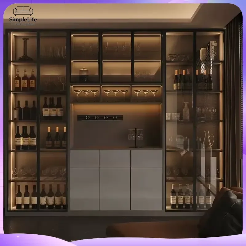 Modern Light Luxury Italian Style Dining Room Wine Cabinet with Glass Display Shelves and Storage Drawers for Living Room