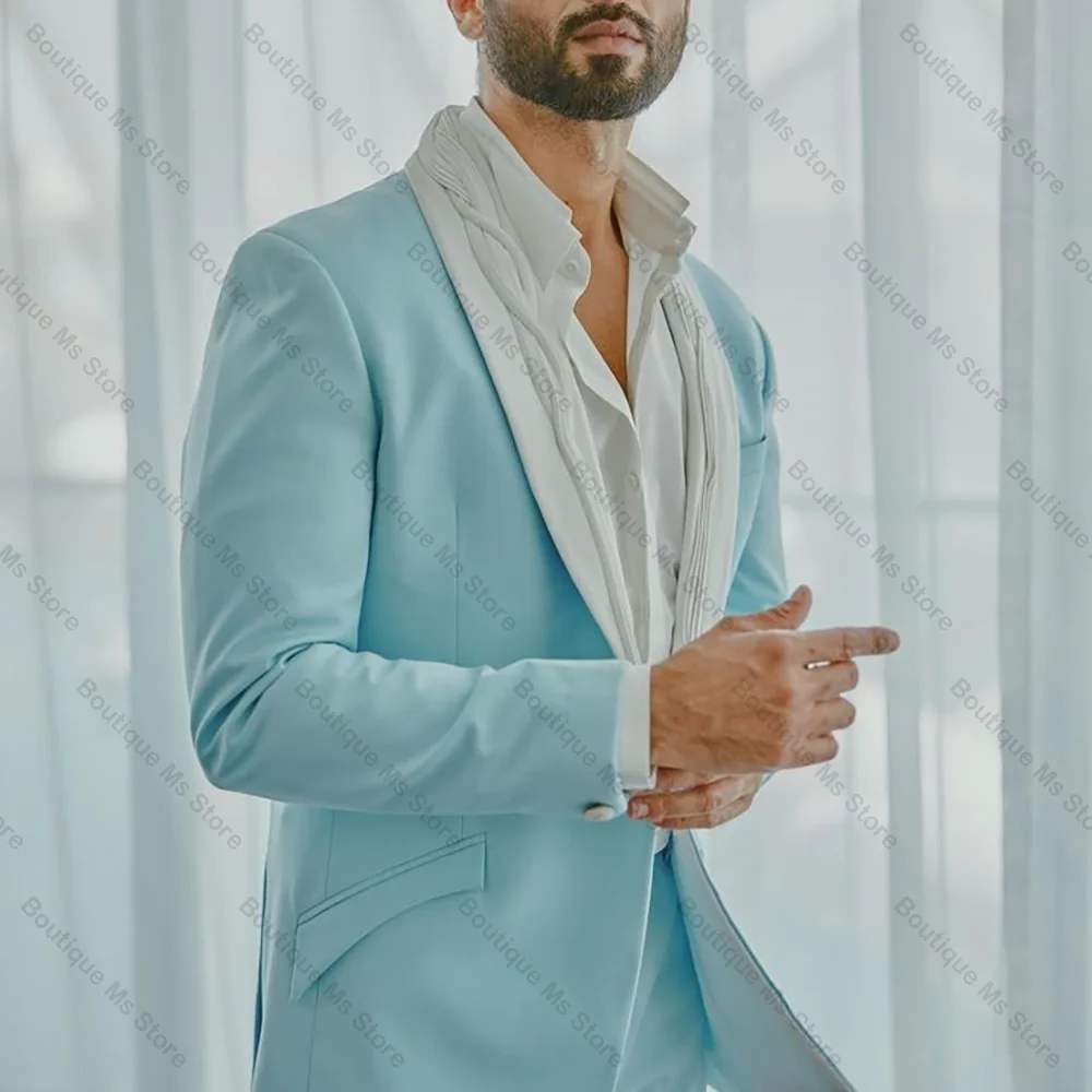 

Fashion Sky Blue Single Button Men Suit Two Pieces(Jacket+Pants) Outfits Casual Party Prom Wedding Set
