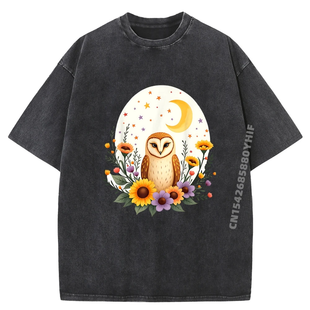 

Luna Owl Cottagecore Boho Floral Owl Celestial Mystical Moon Graphic Tshirt Men Clothes Classic Washed Camisa