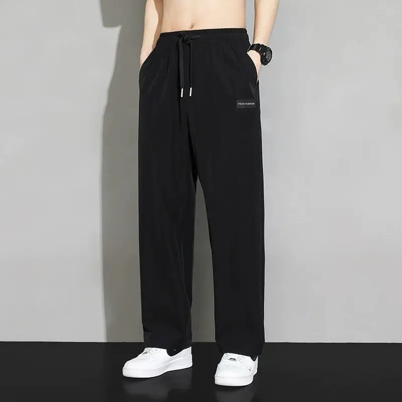 

Men's Grey Elastic Waist Drawstring Wide Leg Pants Loose Casual Streetwear Trousers With Pocket