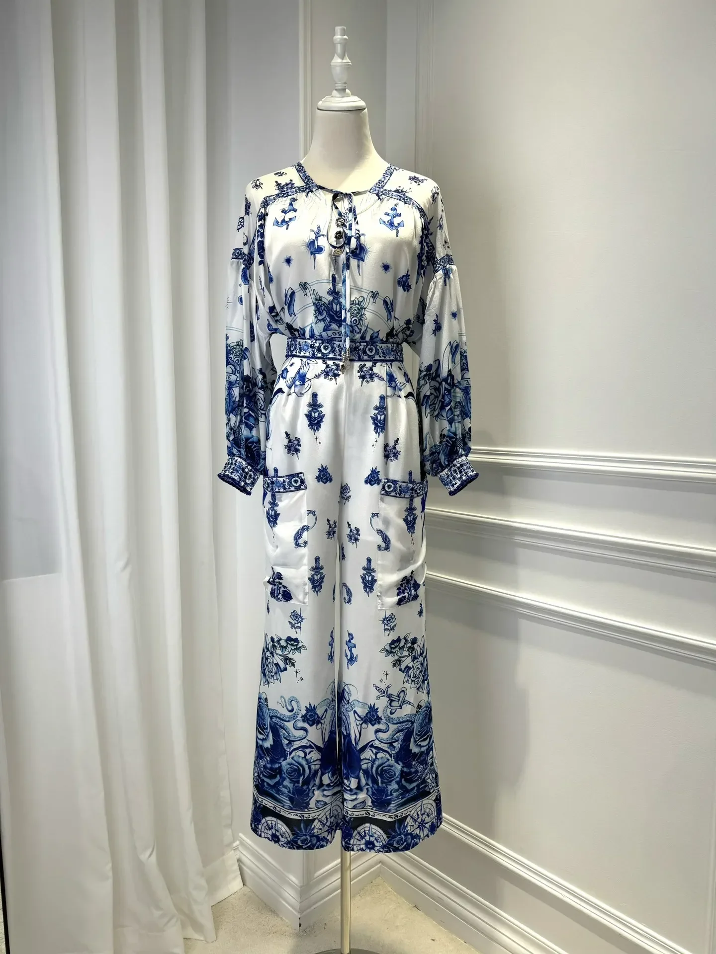 

Retro Print Women Silk Pants Suit Lace-up O-Neck Long Sleeve Blouse + Elastic Waist Straight Wide Leg Trousers Casual Set