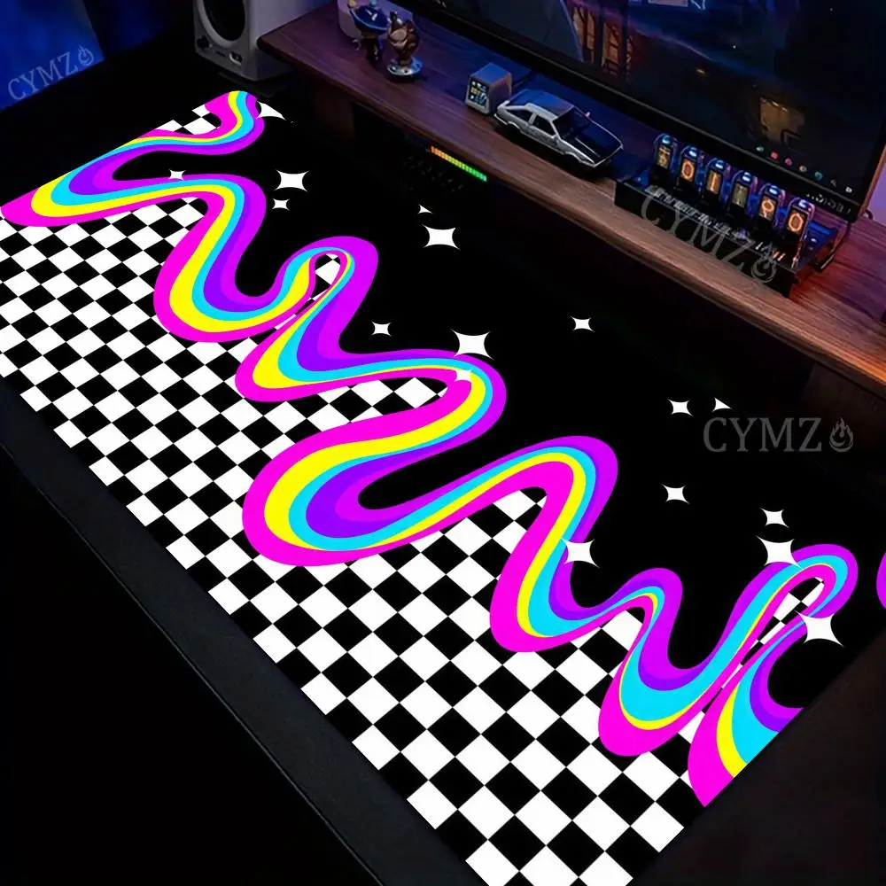 Schwarz-weiße Karomuster und farbenfrohe Linien, Mauspad, Schreibtischunterlage mit genähtem Rand, rutschfestes PC-Zubehör, Gaming-Matten