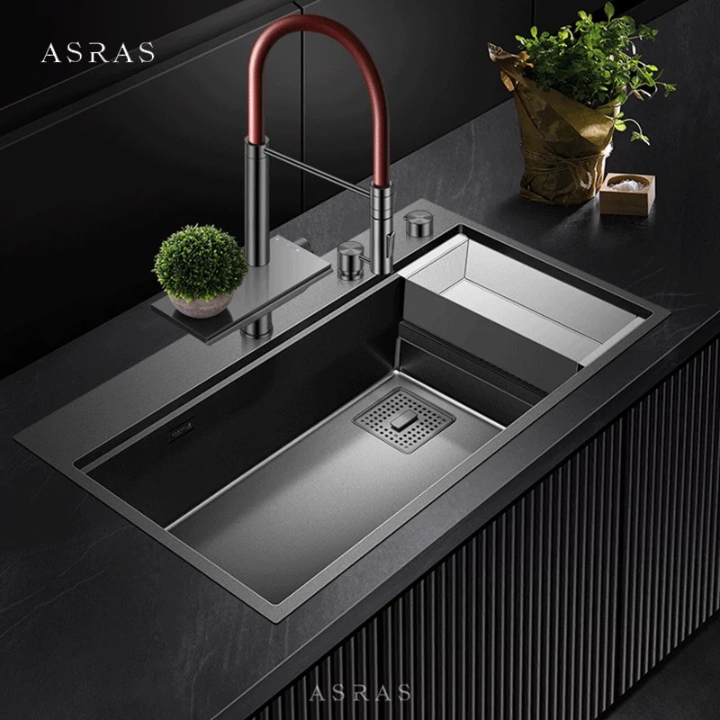 ASRAS New Waterfall Faucet Kitchen Sinks Nanometer Large Size 4mm Panel Handmade Sinks Cup Rinser Kitchen Sinks