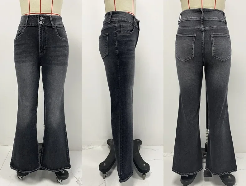 Jeans Flare Pant Women Denim Long Pants Bodycon Casual Y2k Elegant Vintage Button Pocket Straight Trousers Zipper Streetwear
