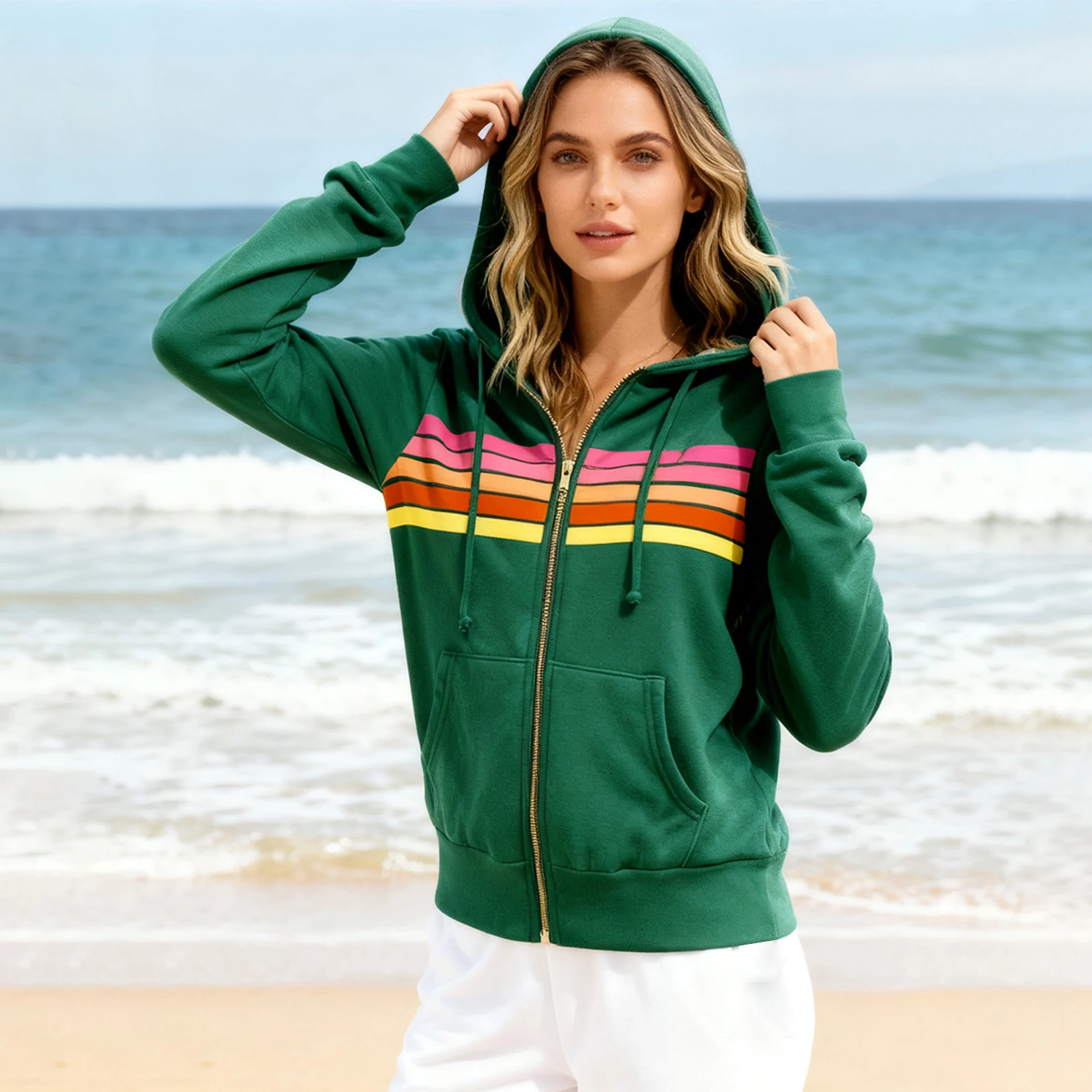 Manteau Patchwork à la mode pour femme, veste à capuche, sweat-shirt zippé avec rayures horizontales colorées pour superposition, usage quotidien