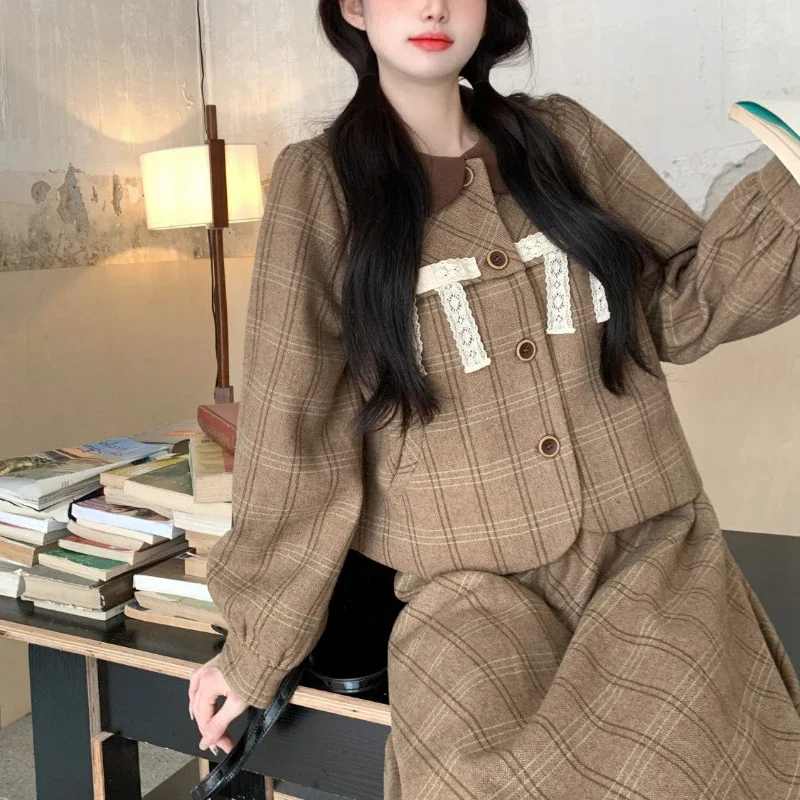 Retro Mori Girl Long Skirt Suits Kawaii Women Doll Collar Plaid Long-sleeved Coats with High Waist A-line Pleated Skirts Outfits