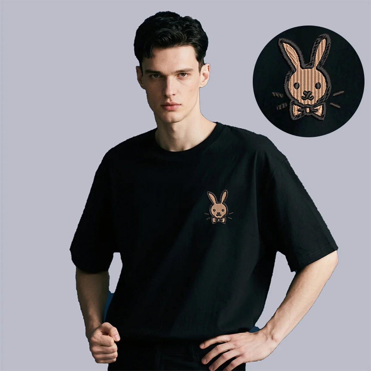

Men Women Cute Rabbit Spike Ball Embroidery Premium Cotton T Shirt - Cozy Embroidered Top Tees for Nature Bonding T-Shirts