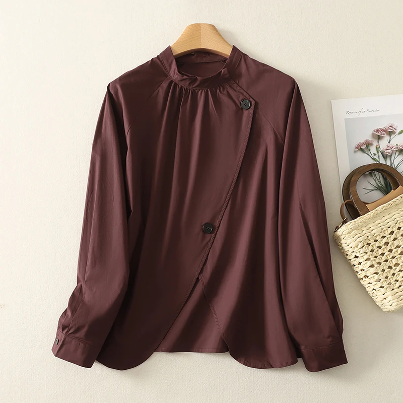 

Ele Purple Long Sve irt Women's New 2025 Asymmetrical Slit Design Loose Fit Cotton Blend Versatile Sle for Country...