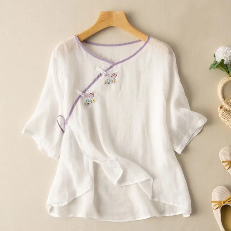 Slanted Lapel Women Summer Cotton and Linen Embroidery Literature Vintage Loose Large Size Pure Cotton Casual Affordable Tops