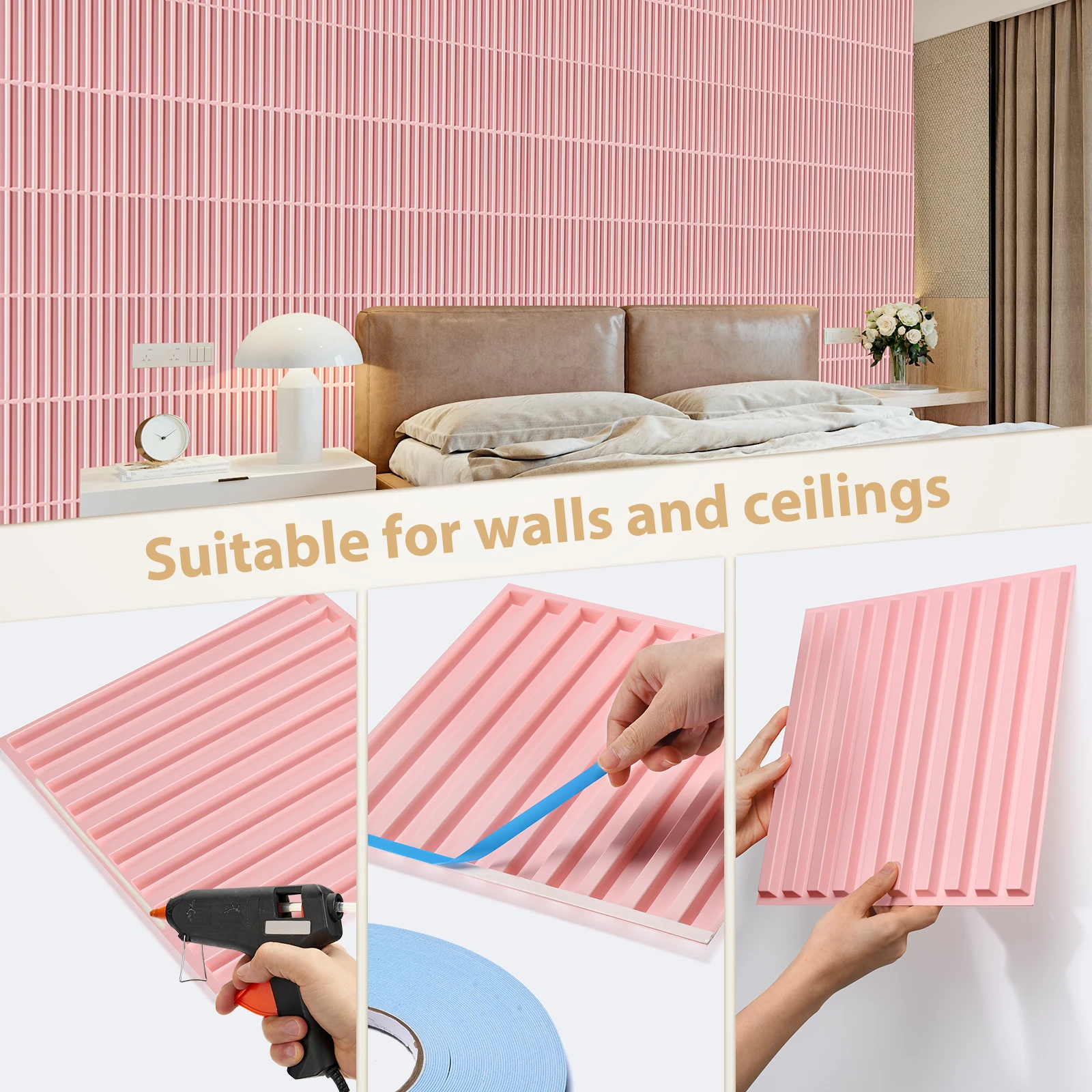 Slat Wall Panel, 3D Wall Panels for Interior Wall Decor PVC Fluted TexturedPanel 12/20/30-Tile 11.8 x 11.8in - Pink