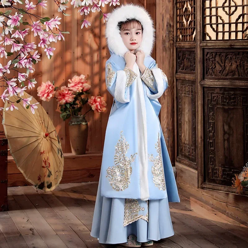 Chinese Traditional Girl Blue Sparkly Sequins Hanfu Costume New Year Han Dynasty Dress Tang Dynasty Princess Folk Dance Clothing