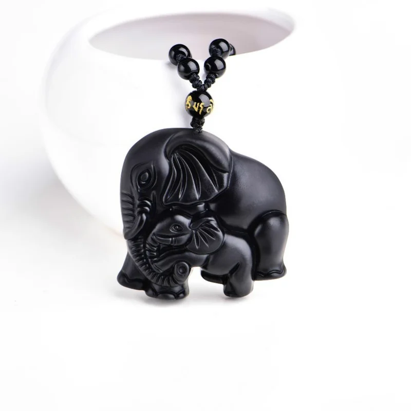 Black Obsidian Necklace Carving Wolf Head Elephant Obdidian Amulet Pendant Necklace Obsidian Blessing Lucky Men Jewelry Gift