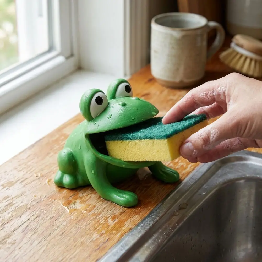 3D Printed Frog-Shaped Sponge Storage Rack Self-draining Big Mouth Frog Dish Cloth Drain Stand with Drain Hole Plastic view 4