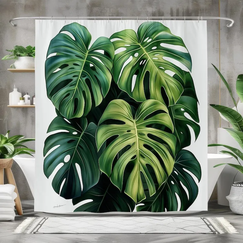 Monstera Green Leaf Shower Curtain, Waterproof Fabric Bath Curtain, Tropical Greenery Bathroom Decor, Bold Botanical Design