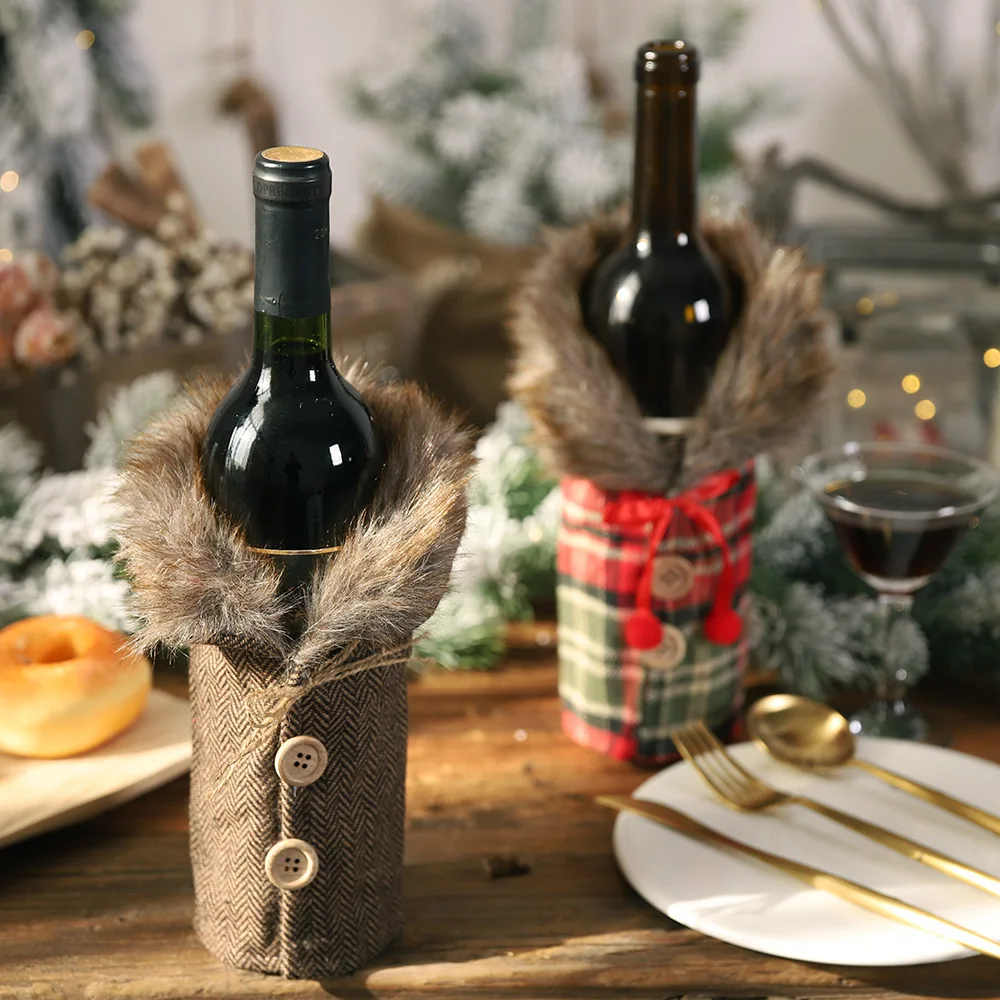 

Christmas Wine Bottle Cover Merry Christmas Decorations for Home with Faux Fur Collar for Holiday Party Home Decor Gift