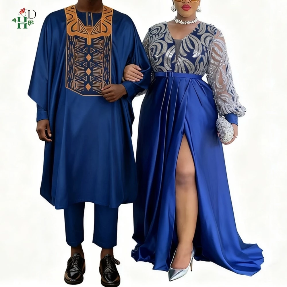 

Африканская одежда для пар, мужская и женская одинаковая одежда Agbada с вышивкой, рубашка, брючный костюм, комплект из 3 предметов для свадьбы, повседневная одежда Love 2025