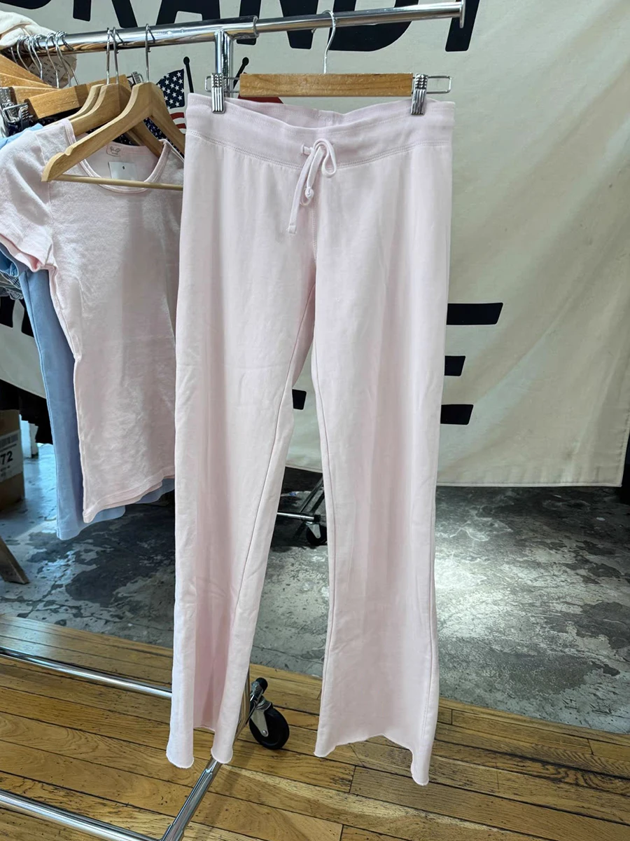 New Light Pink Drawstring Sweatpant Woman Spring Raw Hem Low Waist Straight Long Pants Casual All-match Cotton Sport Trousers