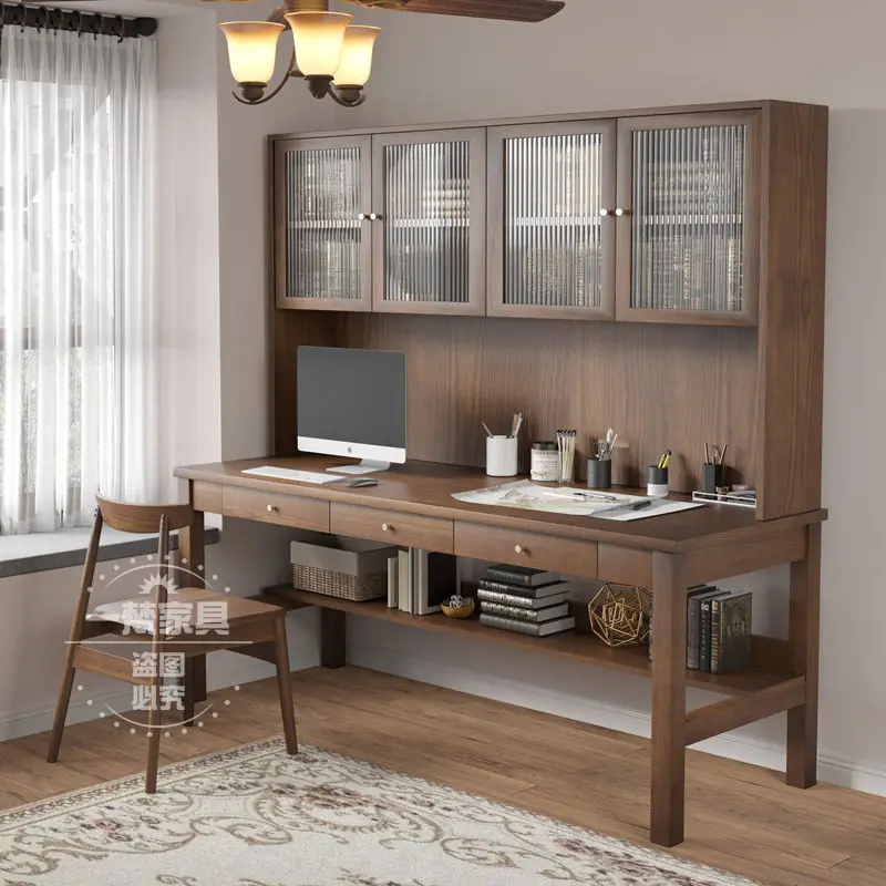 Solid wood desk bookcase combination household double computer desk modern long desk log study table workbench