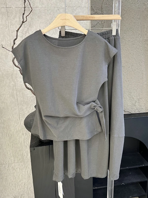 

Loose Two-Piece Set Korean Style Side Tie Waistband High Waist Skirt Women's Summer Fashion Ensemble Elastic Waist Midi Skirt